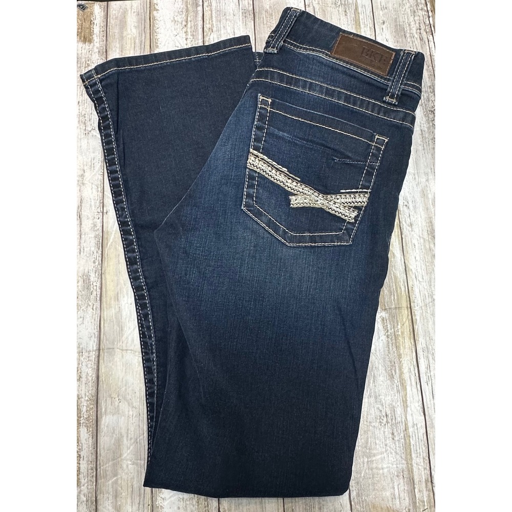 BKE Dakota Women's Dark Wash Bootcut Jeans Size 28R Embellished Pockets‎ EUC